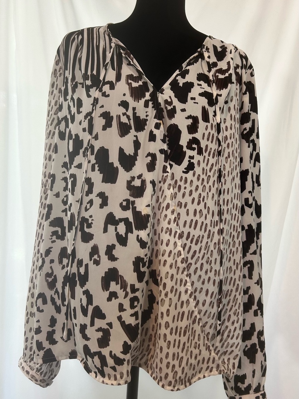 CAbi Wanderer Blouse XL Mixed Animal Print Tie Neck Long Sleeve
